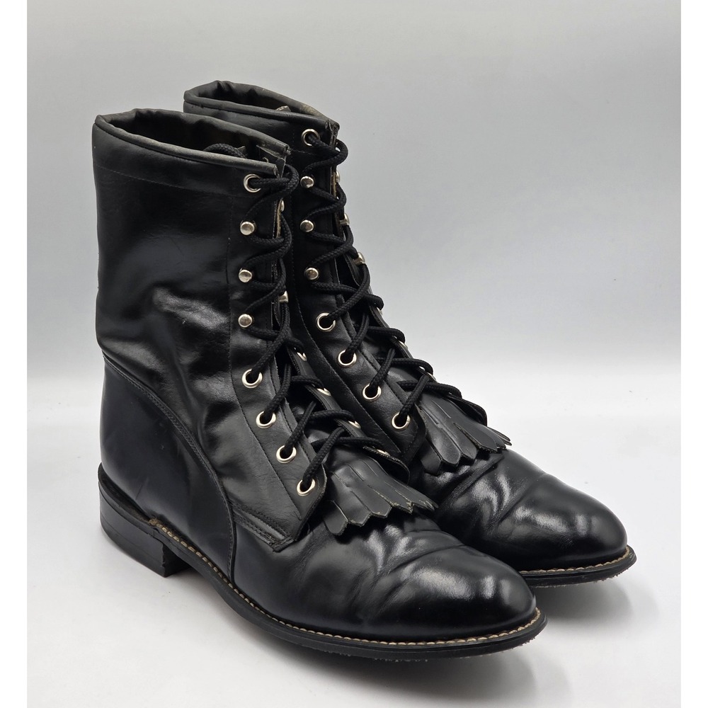 Roy Cooper Lace Up Western Boots Mens 8.5D Black Leather Kiltie USA Vintage